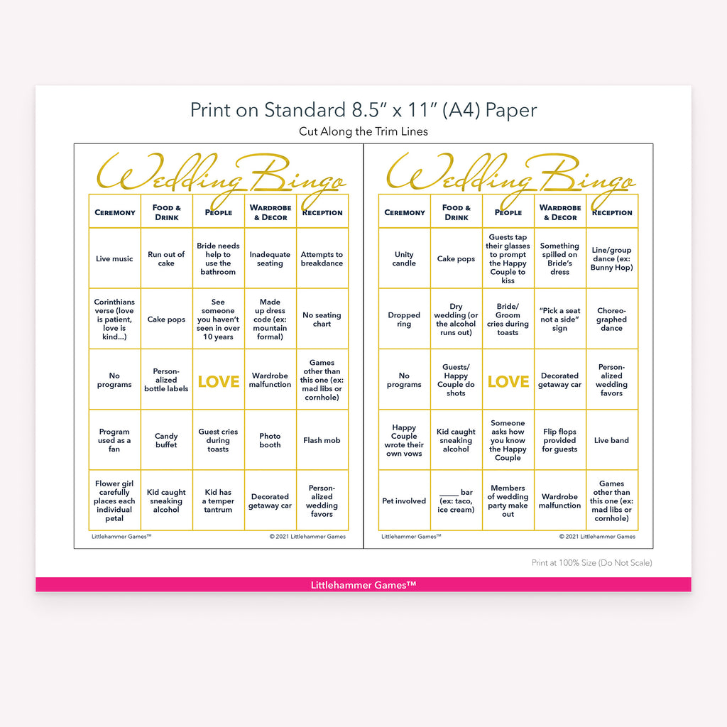 Printable gold and white Bride and Groom Wedding Bingo game card layout showing US Letter size dimensions and printing information