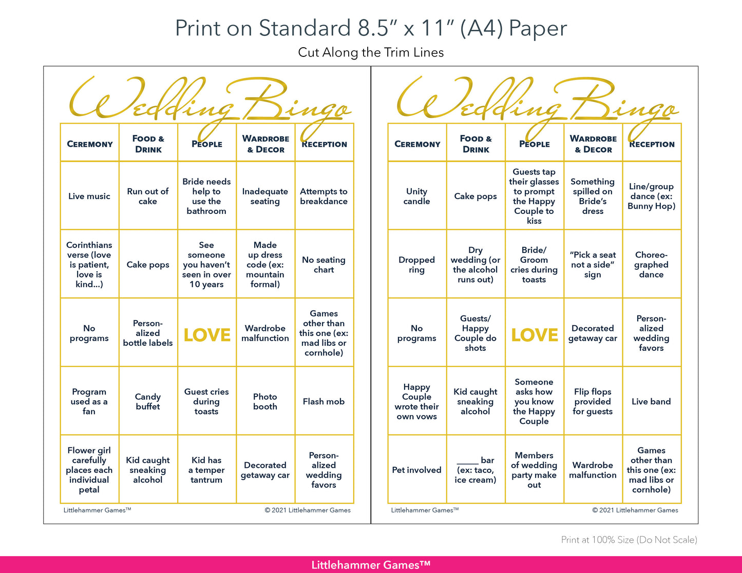 Printable gold and white Bride and Groom Wedding Bingo game card layout showing US Letter size dimensions and printing information