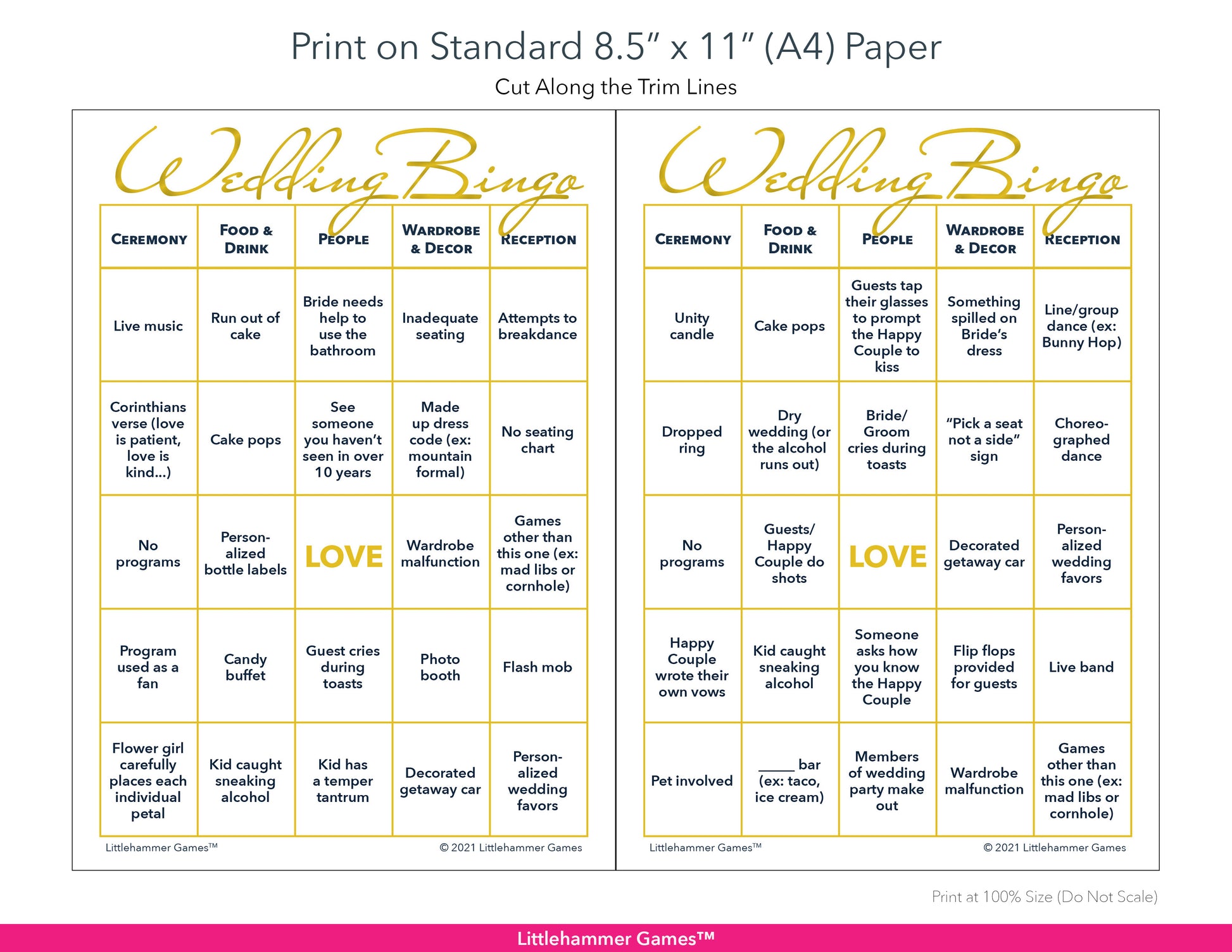 Printable gold and white Bride and Groom Wedding Bingo game card layout showing US Letter size dimensions and printing information