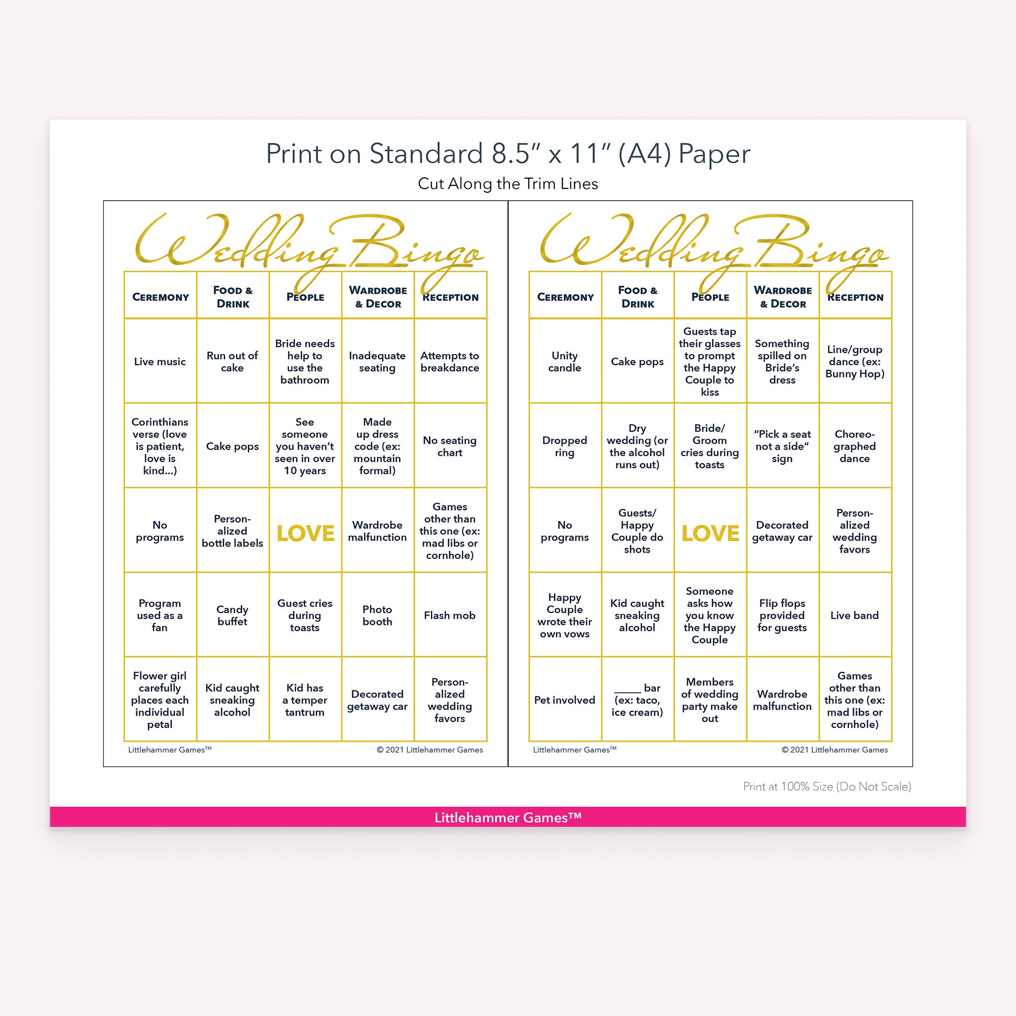 Printable gold and white Bride and Groom Wedding Bingo game card layout showing US Letter size dimensions and printing information