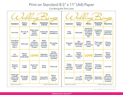 Printable gold and white Bride and Groom Wedding Bingo game card layout showing US Letter size dimensions and printing information
