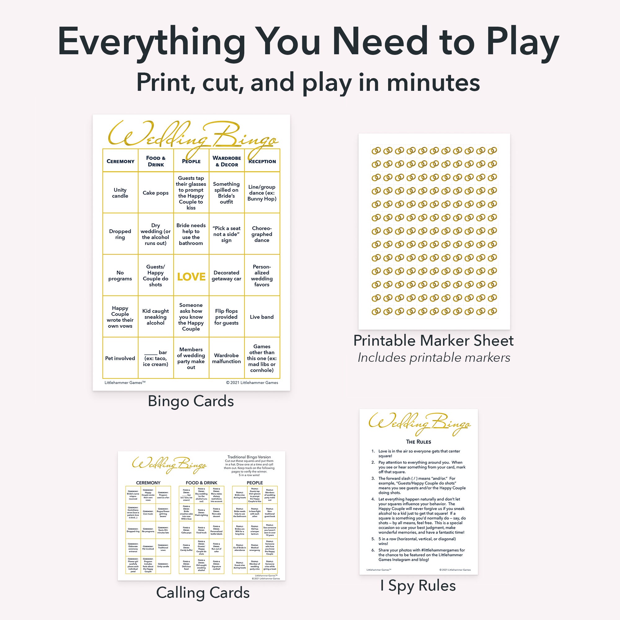 Printable wedding bingo brides game set including game cards, calling cards, I Spy-style rules, and markers sheet