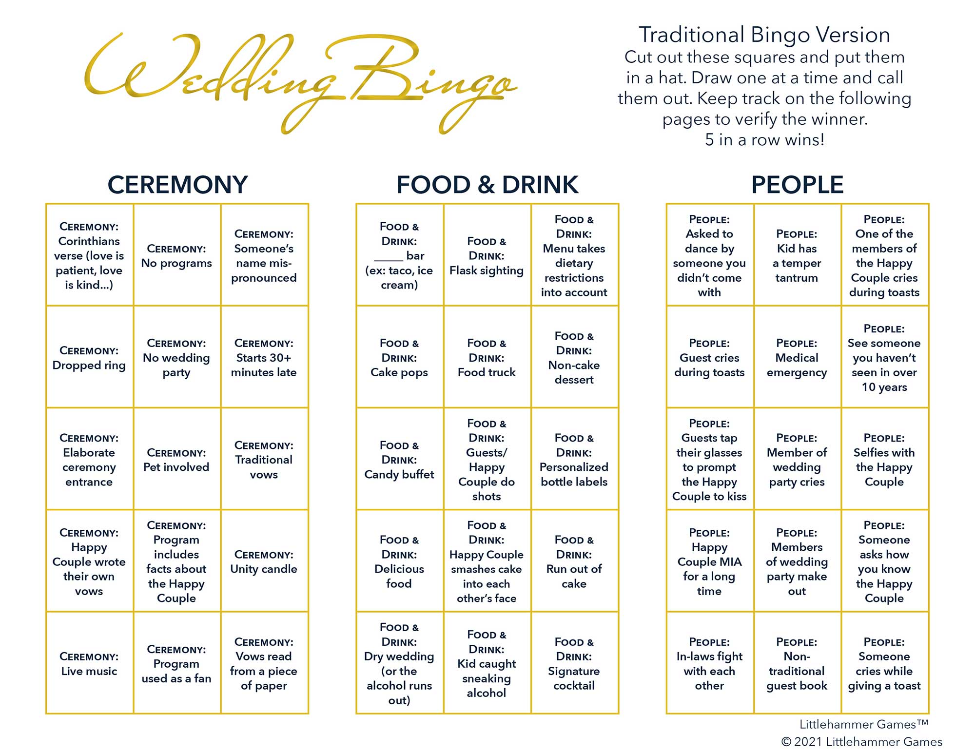 Gold and white printable wedding calling card for Gender Neutral Wedding Bingo