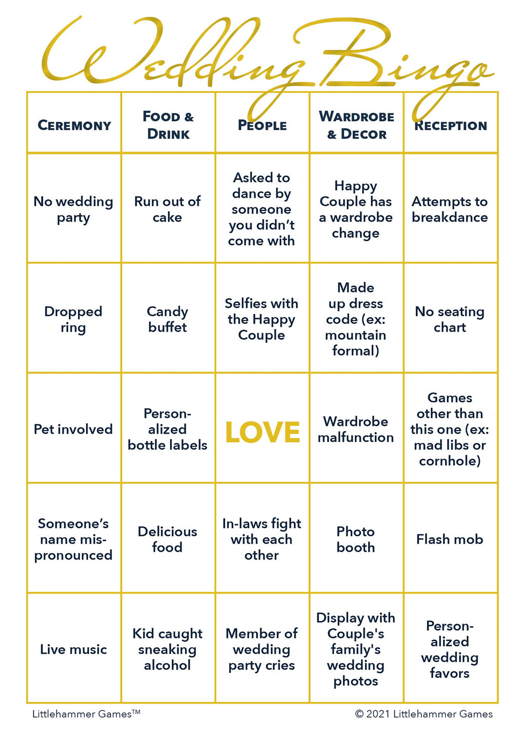 Gender Neutral Wedding Bingo printable wedding activity in gold and white style