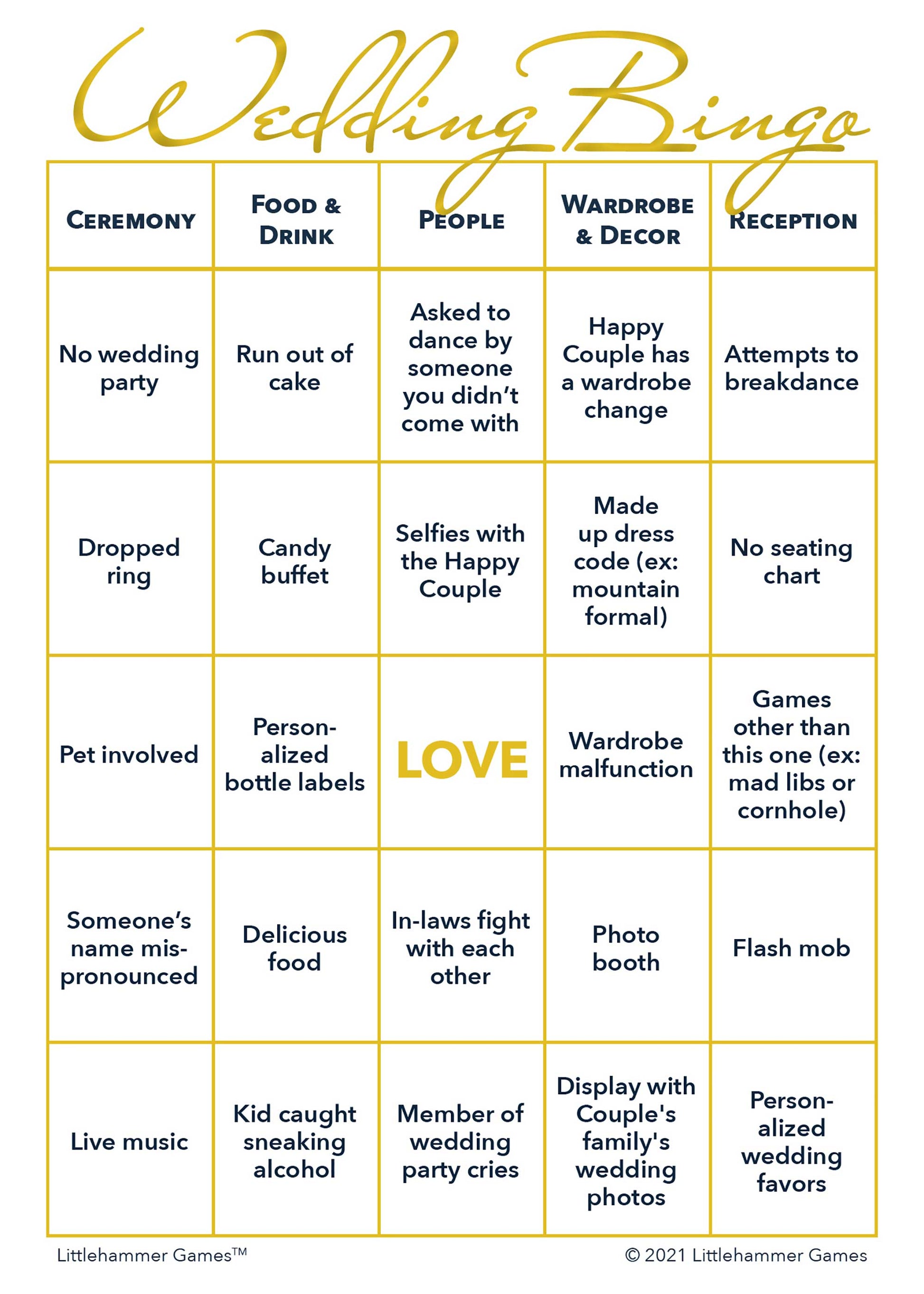 Gender Neutral Wedding Bingo printable wedding activity in gold and white style