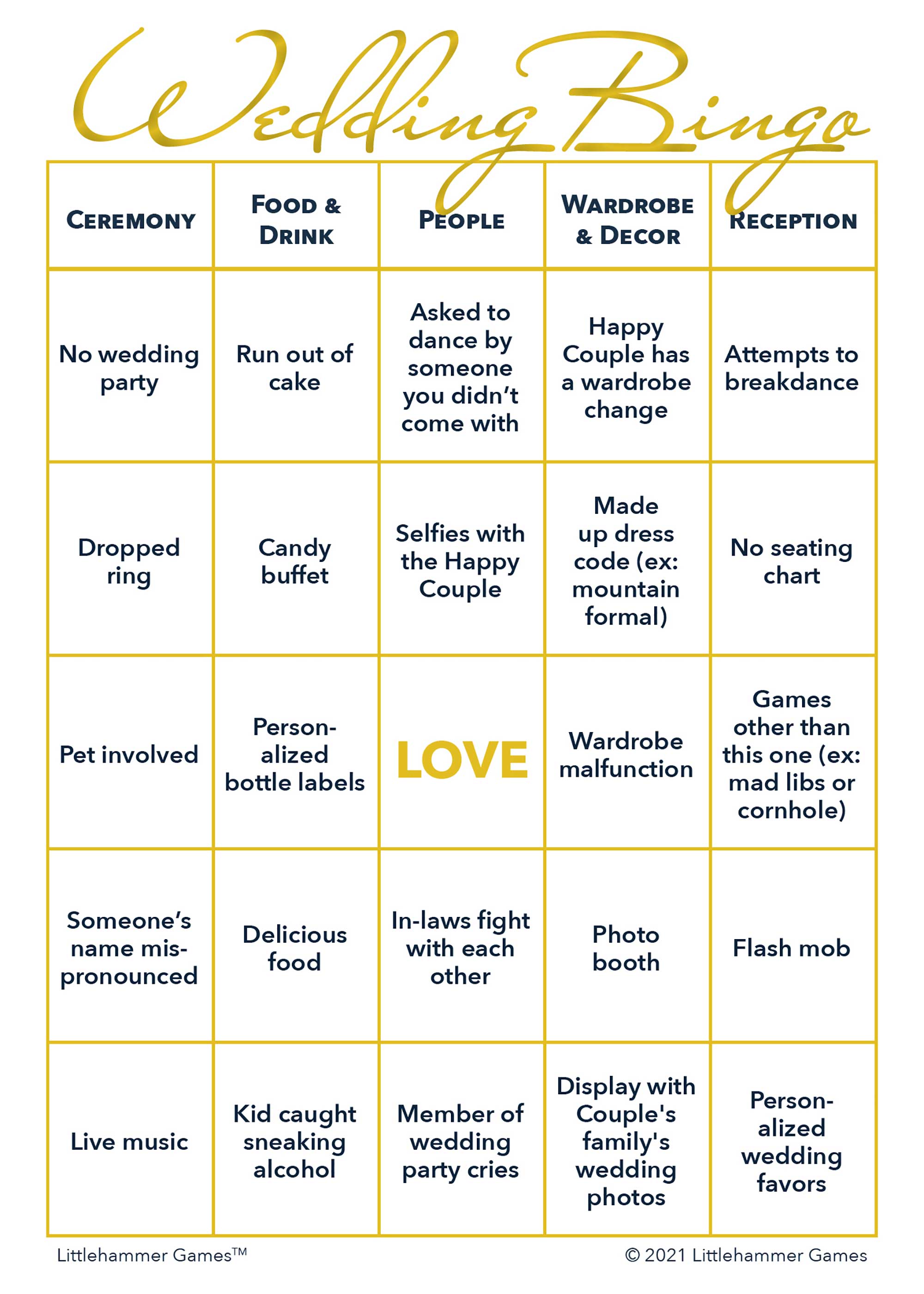 Gender Neutral Wedding Bingo printable wedding activity in gold and white style