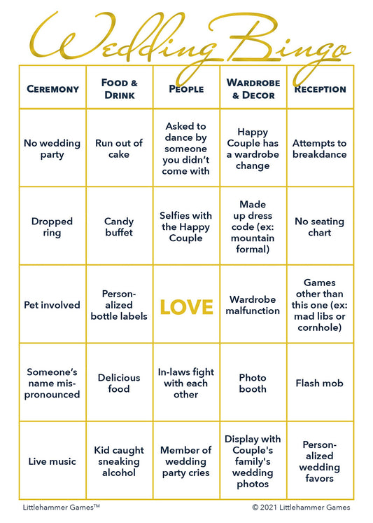 Gender Neutral Wedding Bingo printable wedding activity in gold and white style