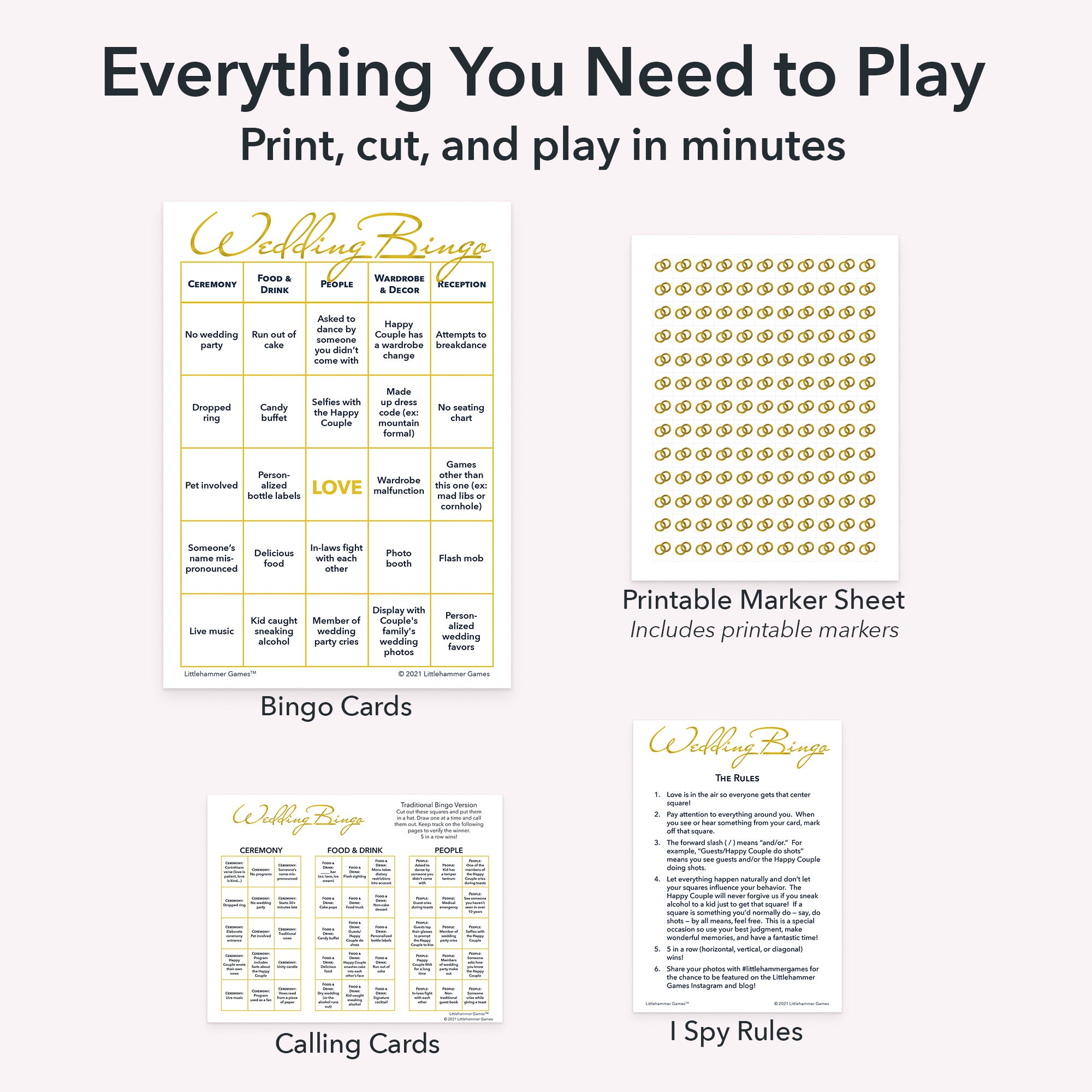 Printable gender neutral wedding bingo game set including game cards, calling cards, I Spy-style rules, and markers sheet