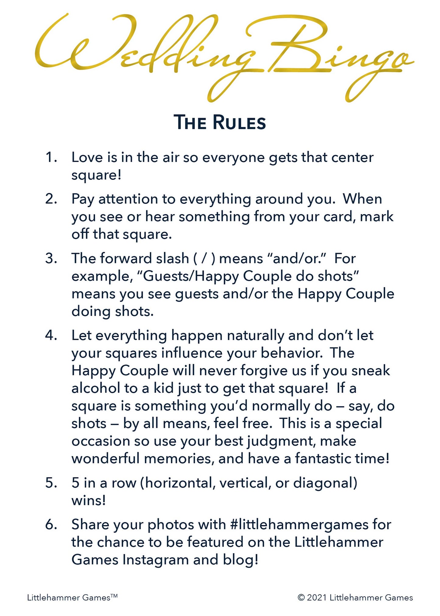Gender Neutral Wedding Bingo printable rules card in gold and white