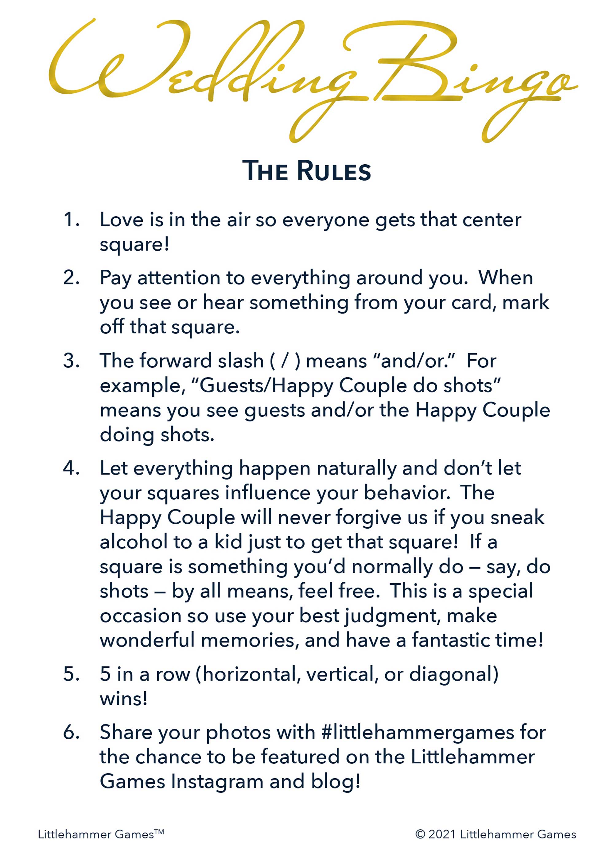 Gender Neutral Wedding Bingo printable rules card in gold and white