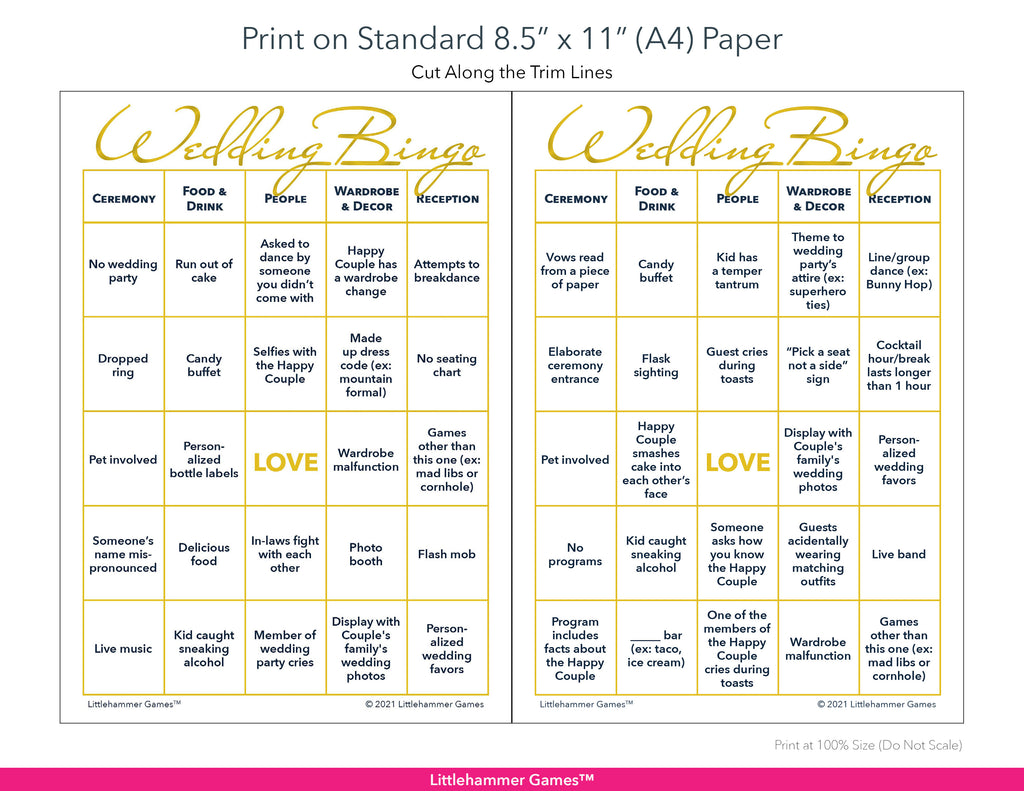 Printable gold and white Gender Neutral Wedding Bingo game card layout showing US Letter size dimensions and printing information