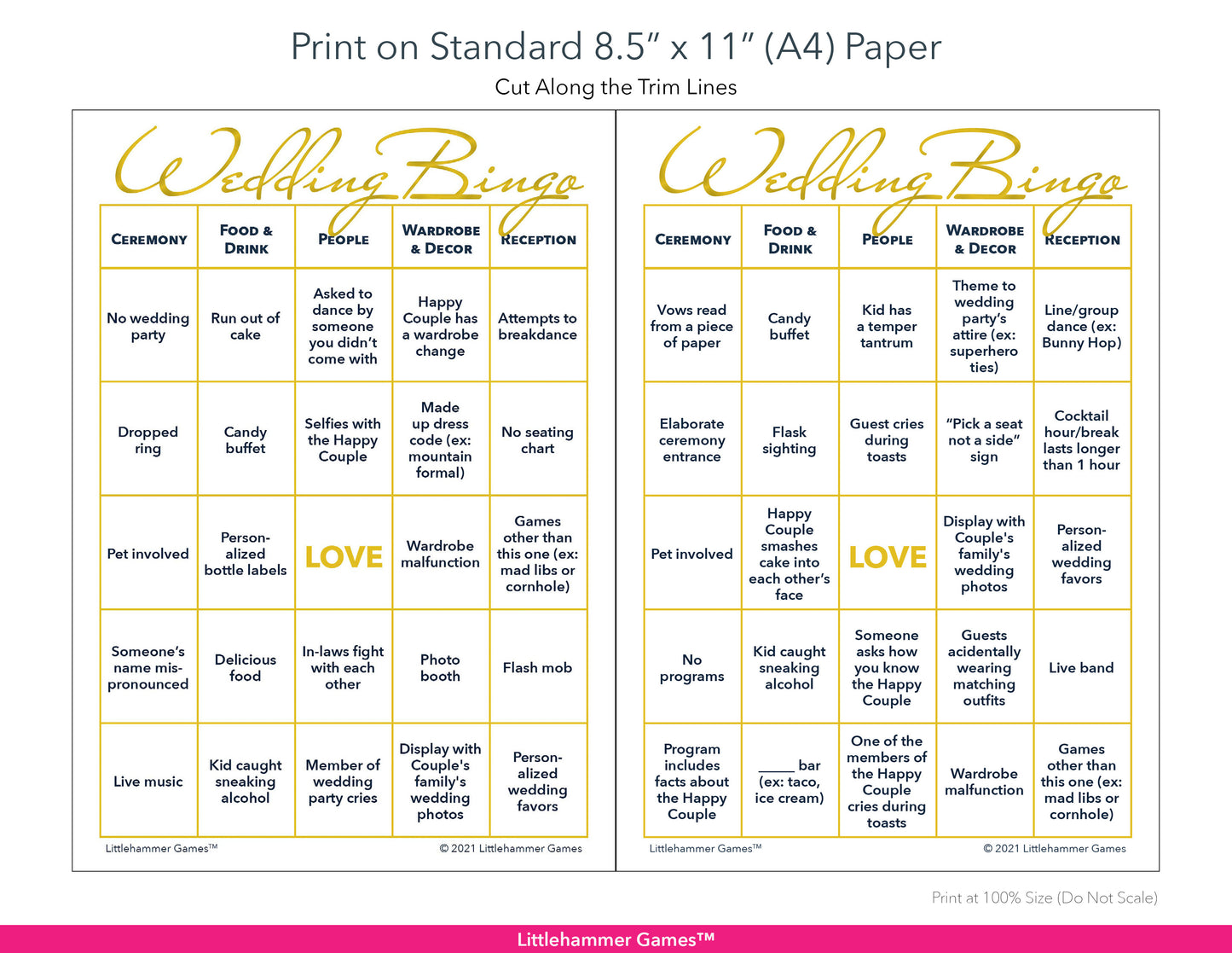 Printable gold and white Gender Neutral Wedding Bingo game card layout showing US Letter size dimensions and printing information
