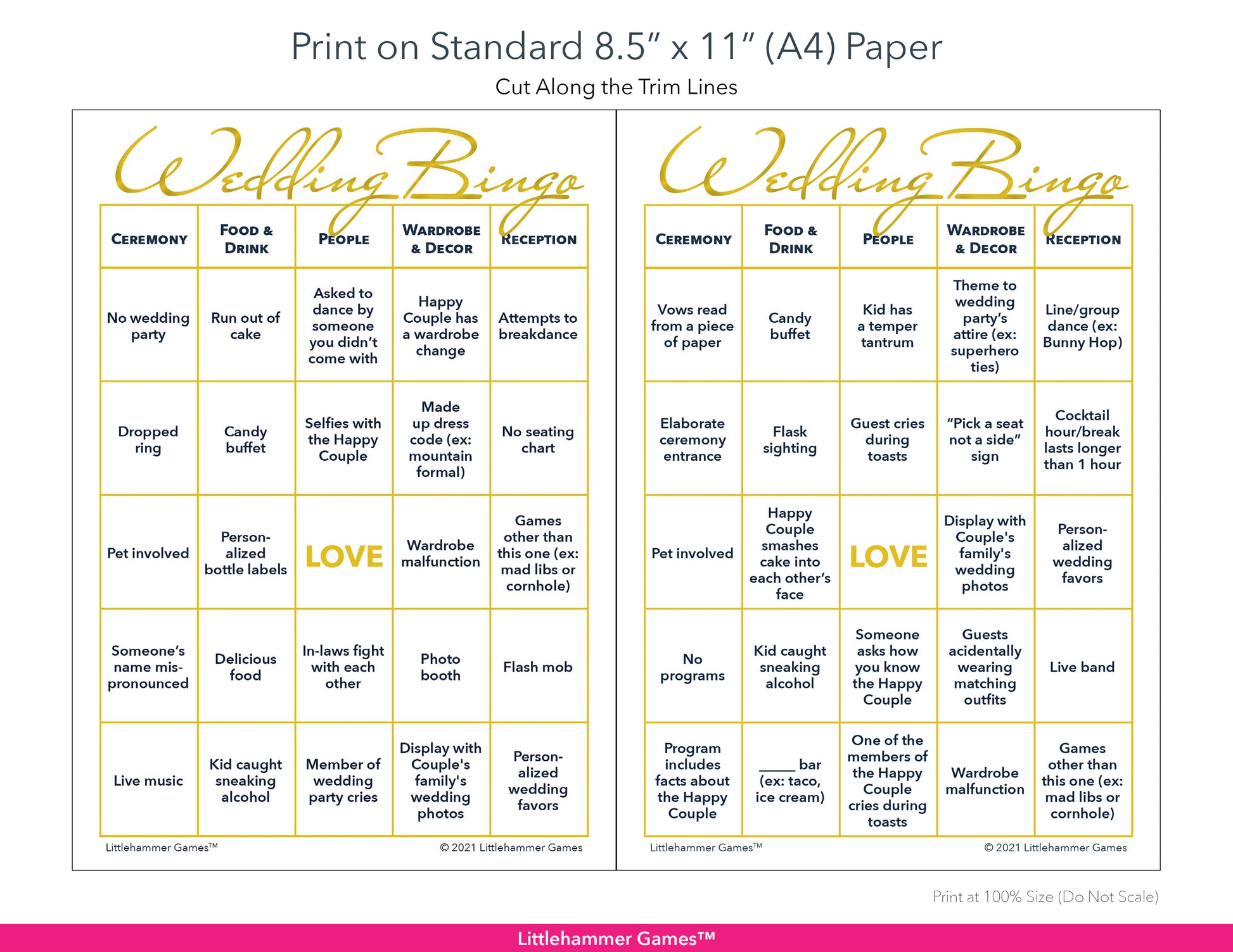 Printable gold and white Gender Neutral Wedding Bingo game card layout showing US Letter size dimensions and printing information