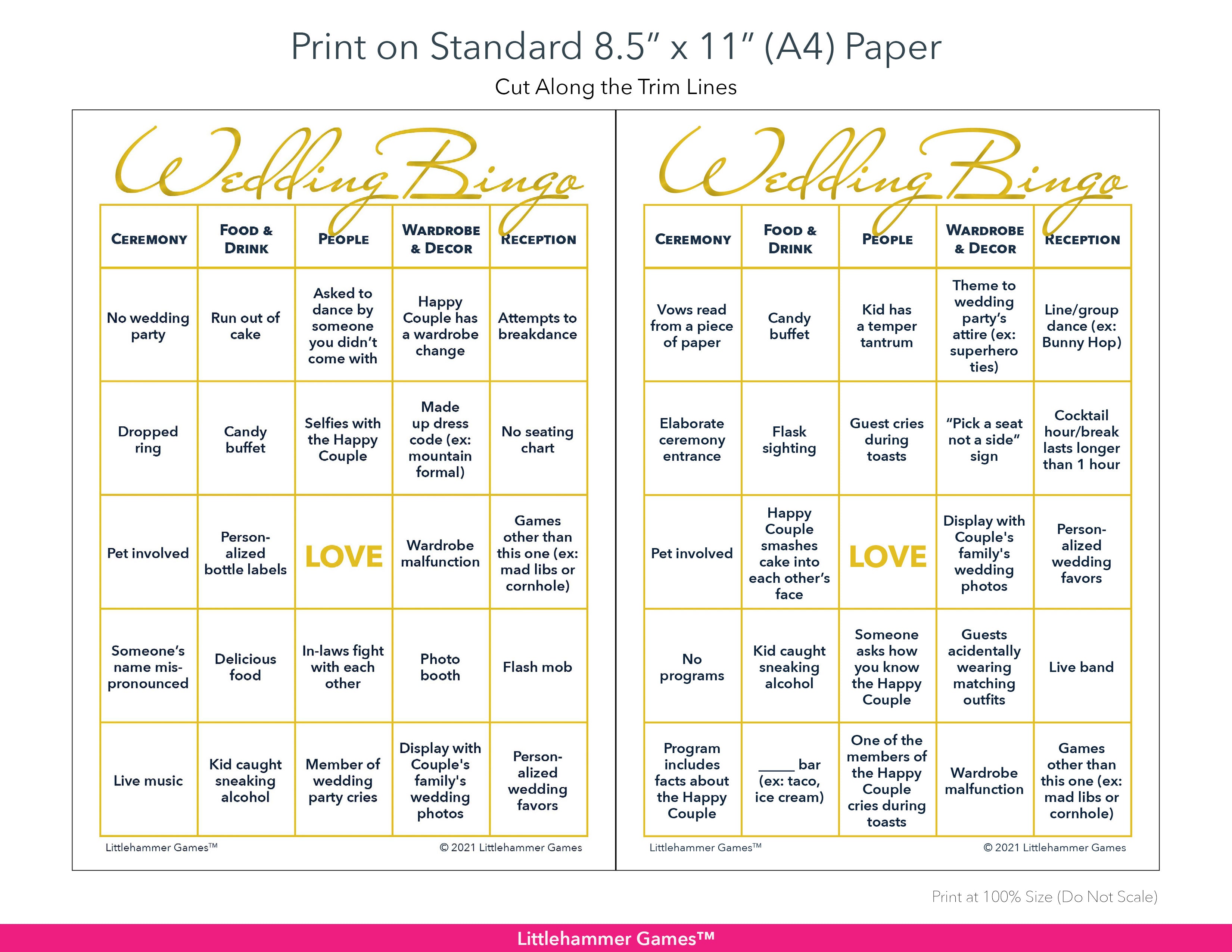 Printable gold and white Gender Neutral Wedding Bingo game card layout showing US Letter size dimensions and printing information