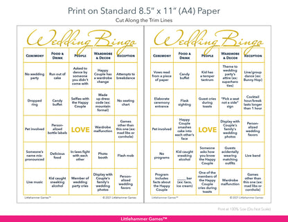 Printable gold and white Gender Neutral Wedding Bingo game card layout showing US Letter size dimensions and printing information