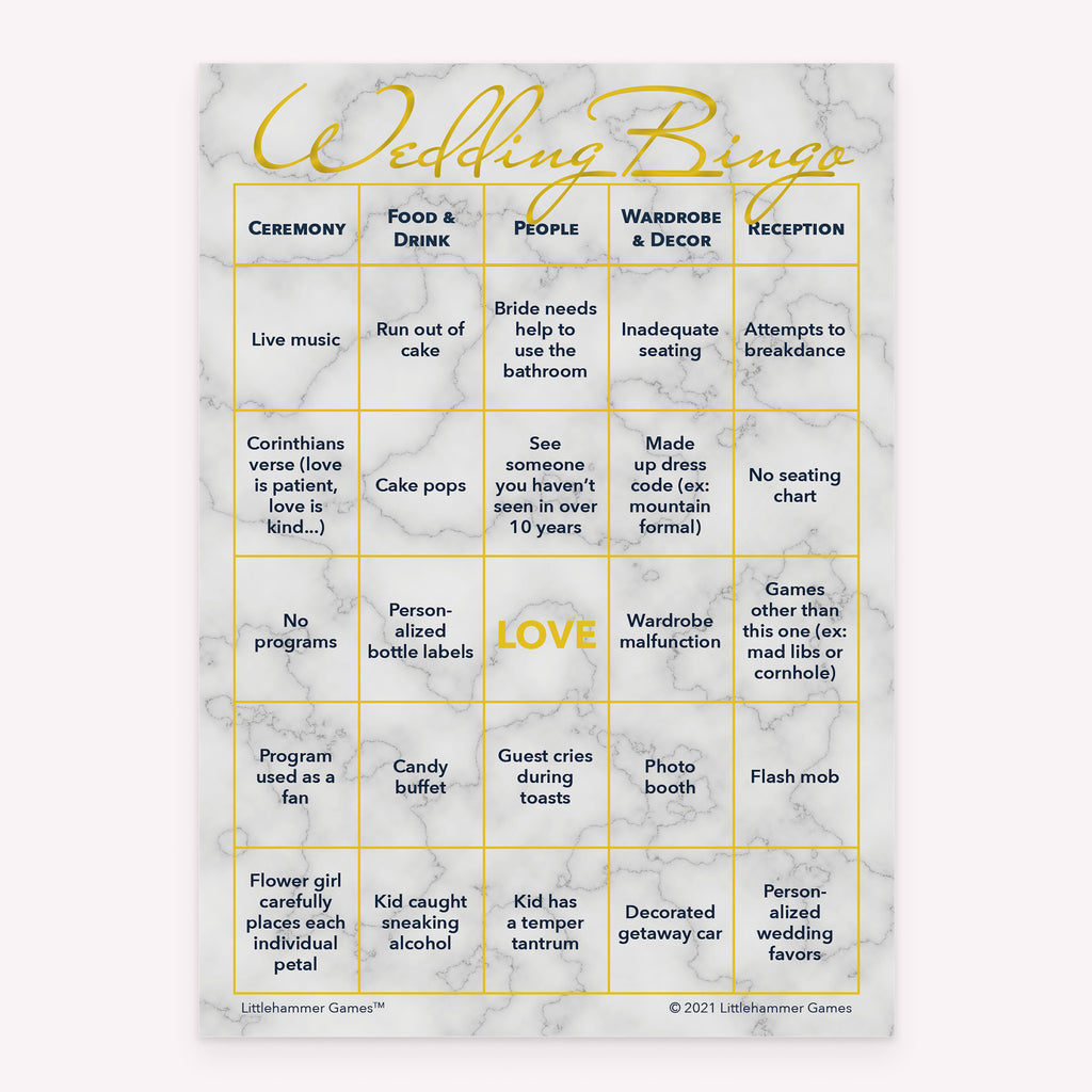 Wedding printable Bride and Groom Wedding Bingo card featuring gold and marble design