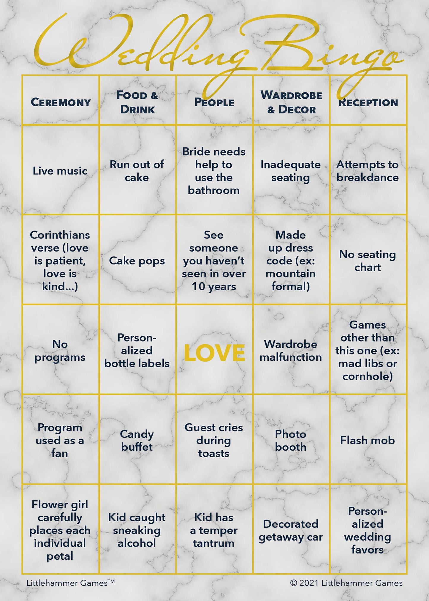 Wedding printable Bride and Groom Wedding Bingo card featuring gold and marble design