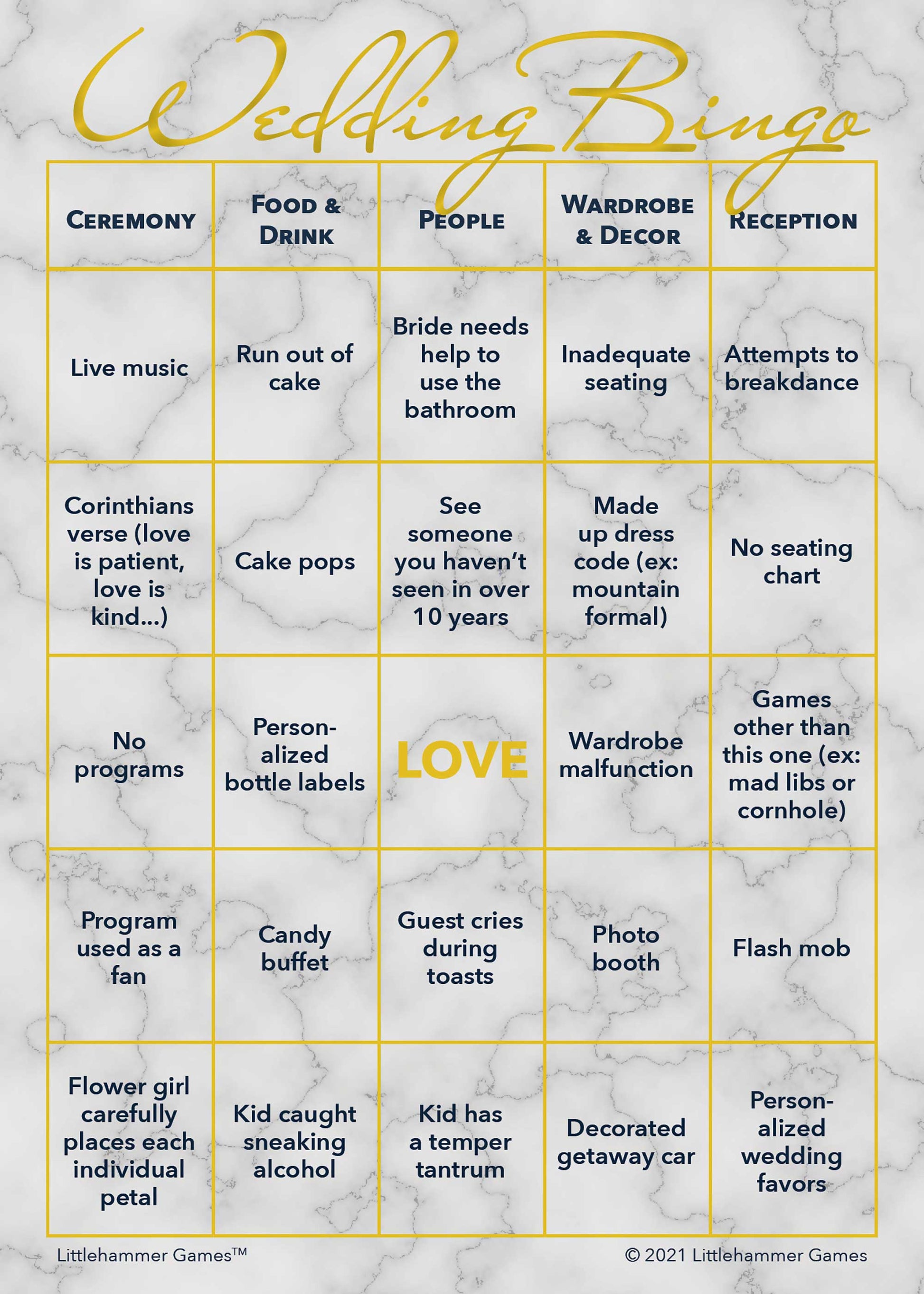 Wedding printable Bride and Groom Wedding Bingo card featuring gold and marble design
