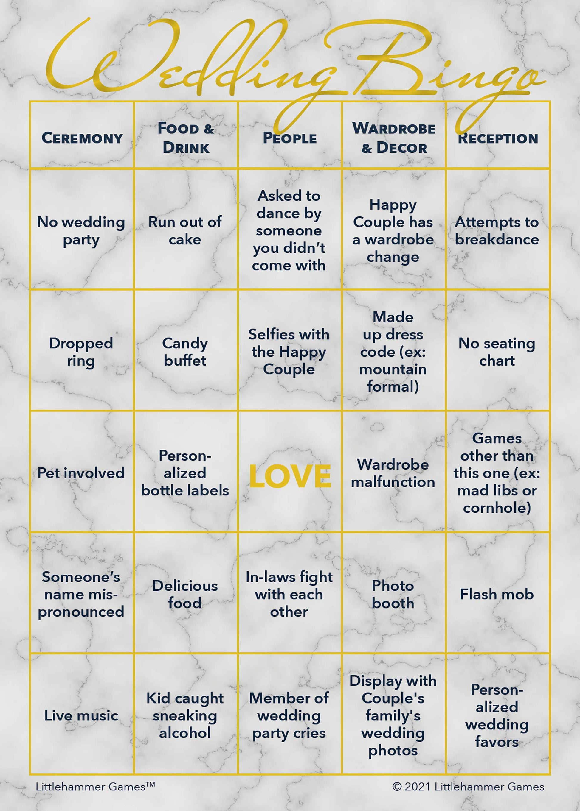 Printable Gender Neutral Wedding Bingo game card with gold and marble design