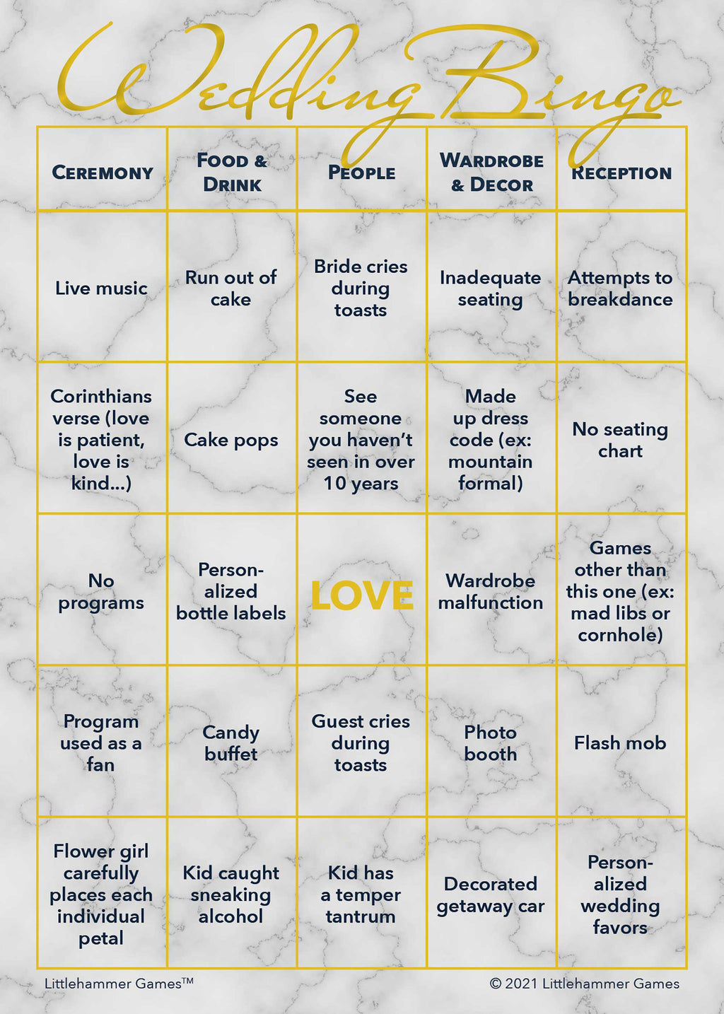 2 Brides Wedding Bingo printable wedding activity in gold and marble style
