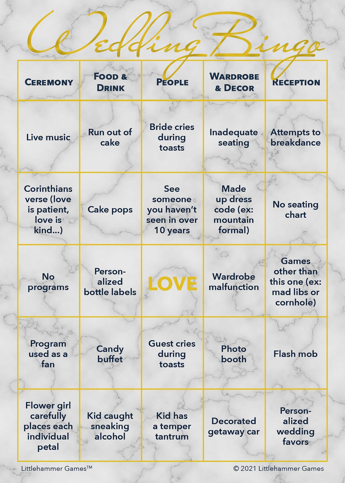 2 Brides Wedding Bingo printable wedding activity in gold and marble style