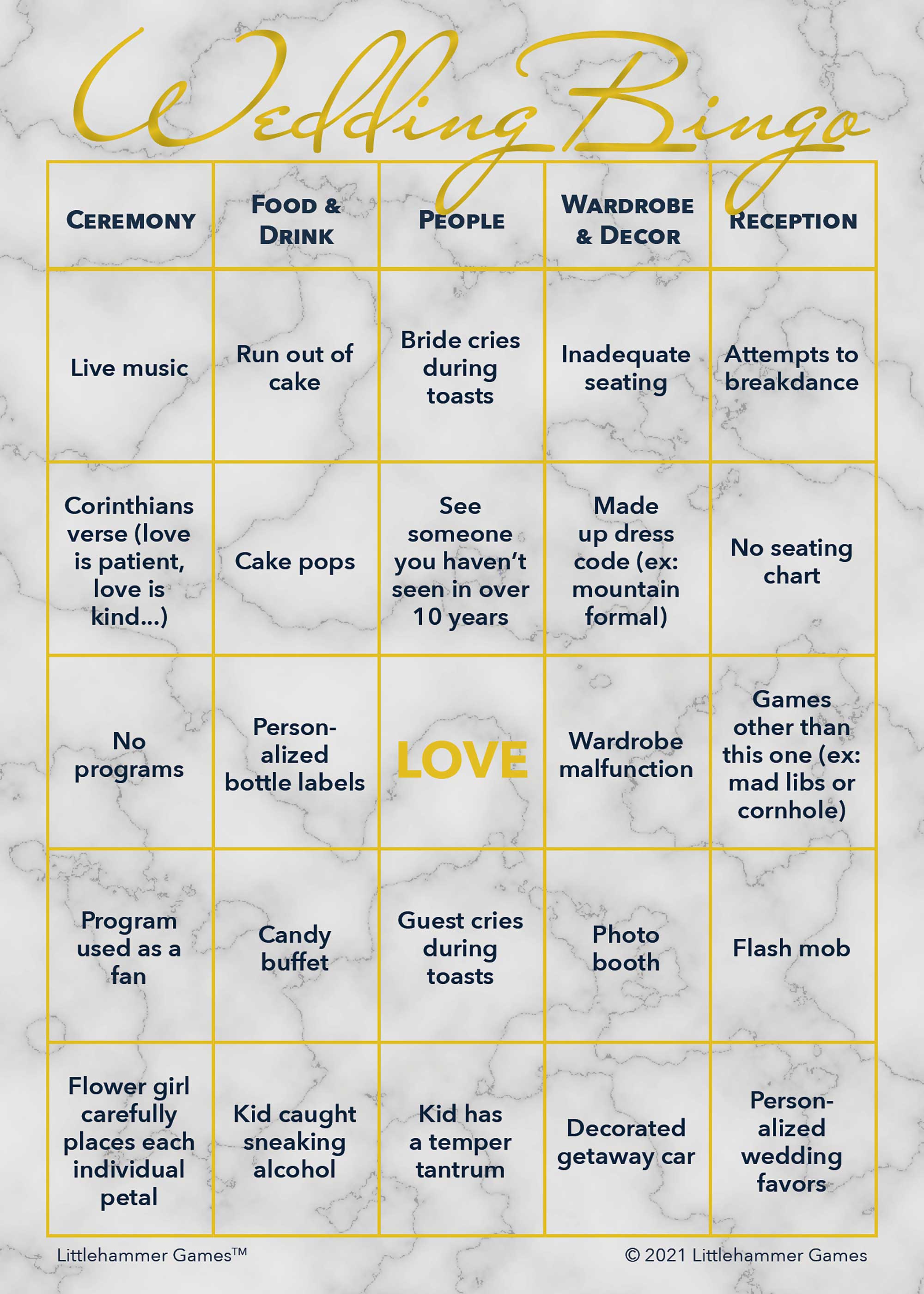 2 Brides Wedding Bingo printable wedding activity in gold and marble style