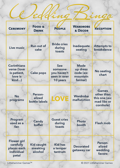 2 Brides Wedding Bingo printable wedding activity in gold and marble style