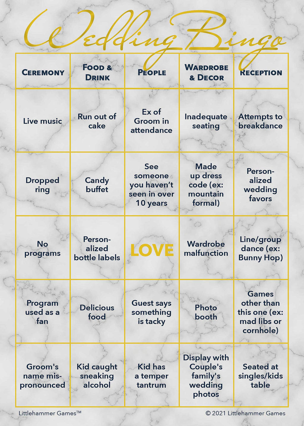 Gold and marble 2 Grooms Wedding Bingo printable game card layout