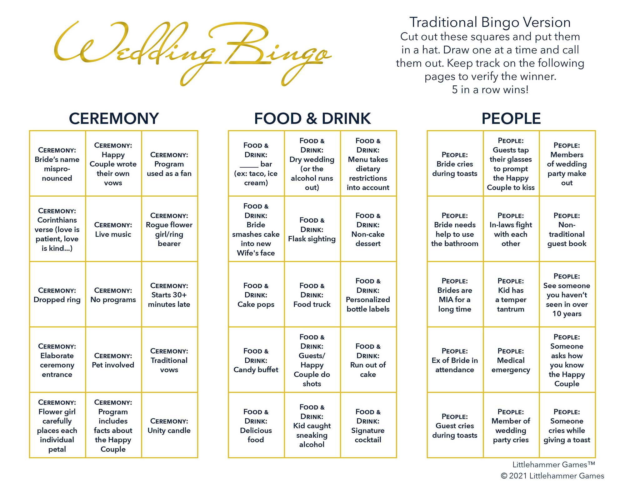 Wedding 2 Brides Wedding Bingo calling card printable in gold and white design
