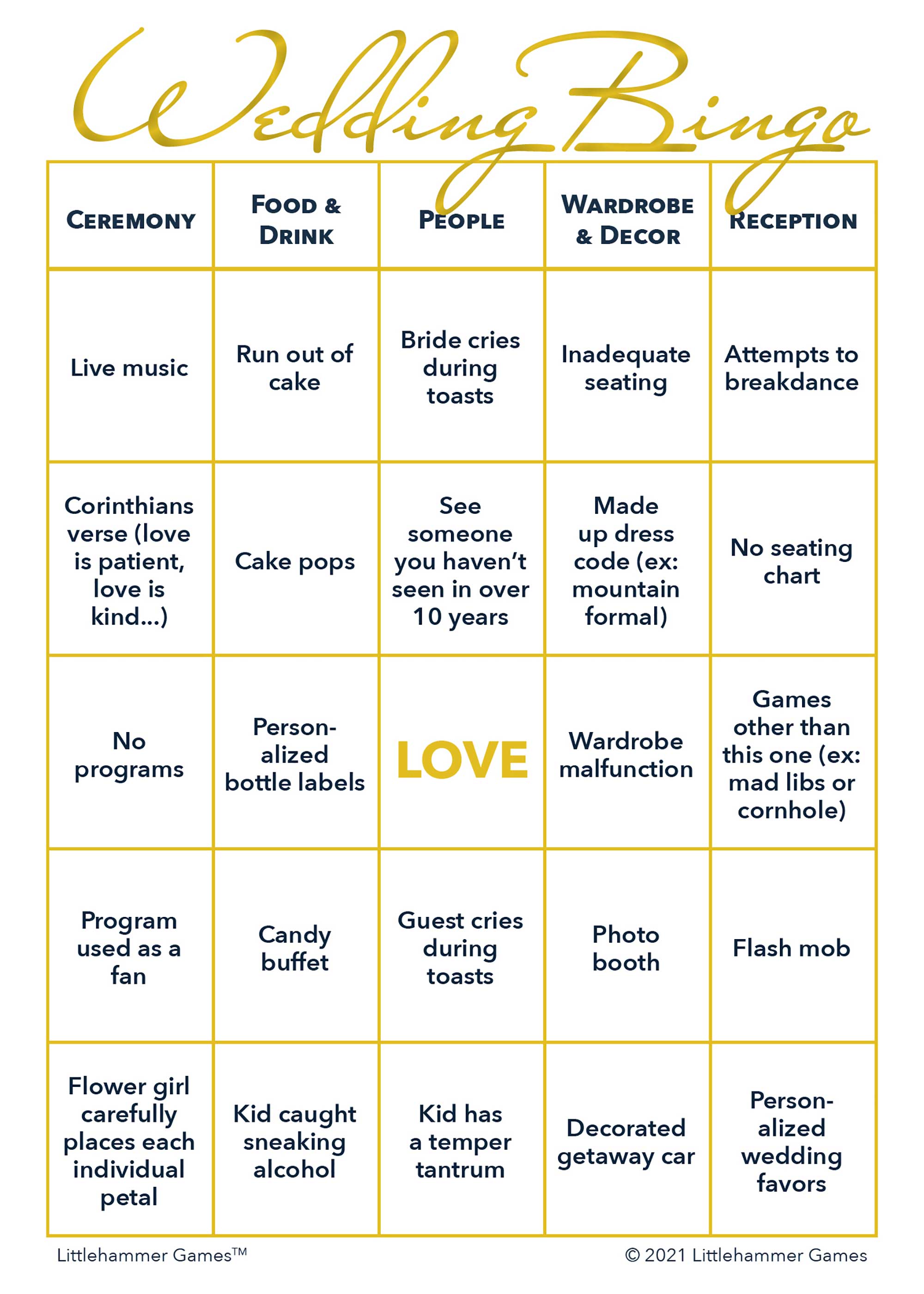 Gold and white design printable 2 Brides Wedding Bingo card