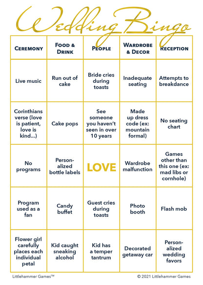 Gold and white design printable 2 Brides Wedding Bingo card