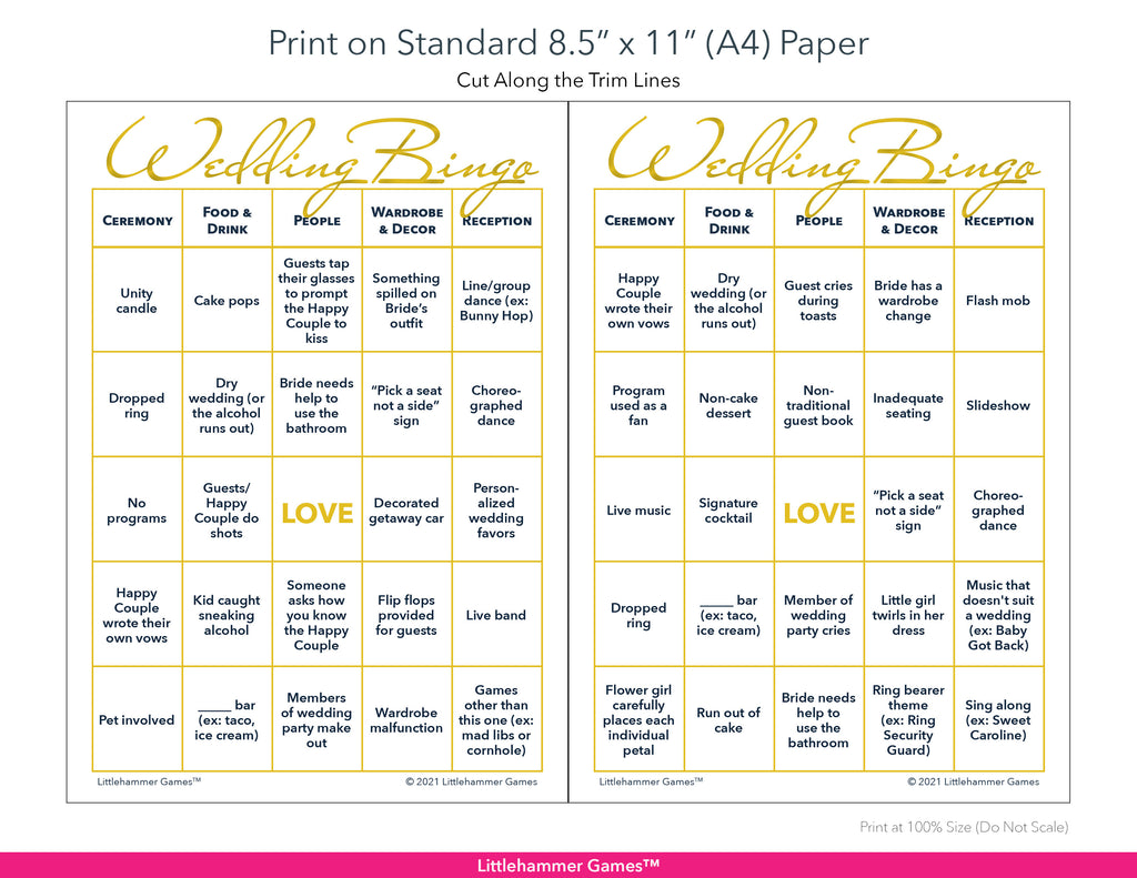 Printable gold and white 2 Brides Wedding Bingo game card layout showing US Letter size dimensions and printing information