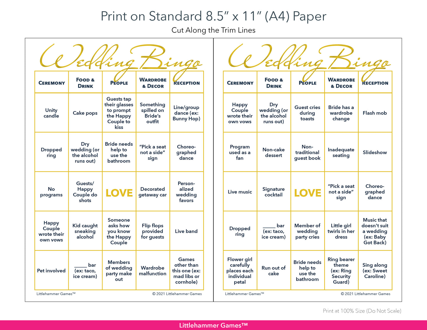 Printable gold and white 2 Brides Wedding Bingo game card layout showing US Letter size dimensions and printing information