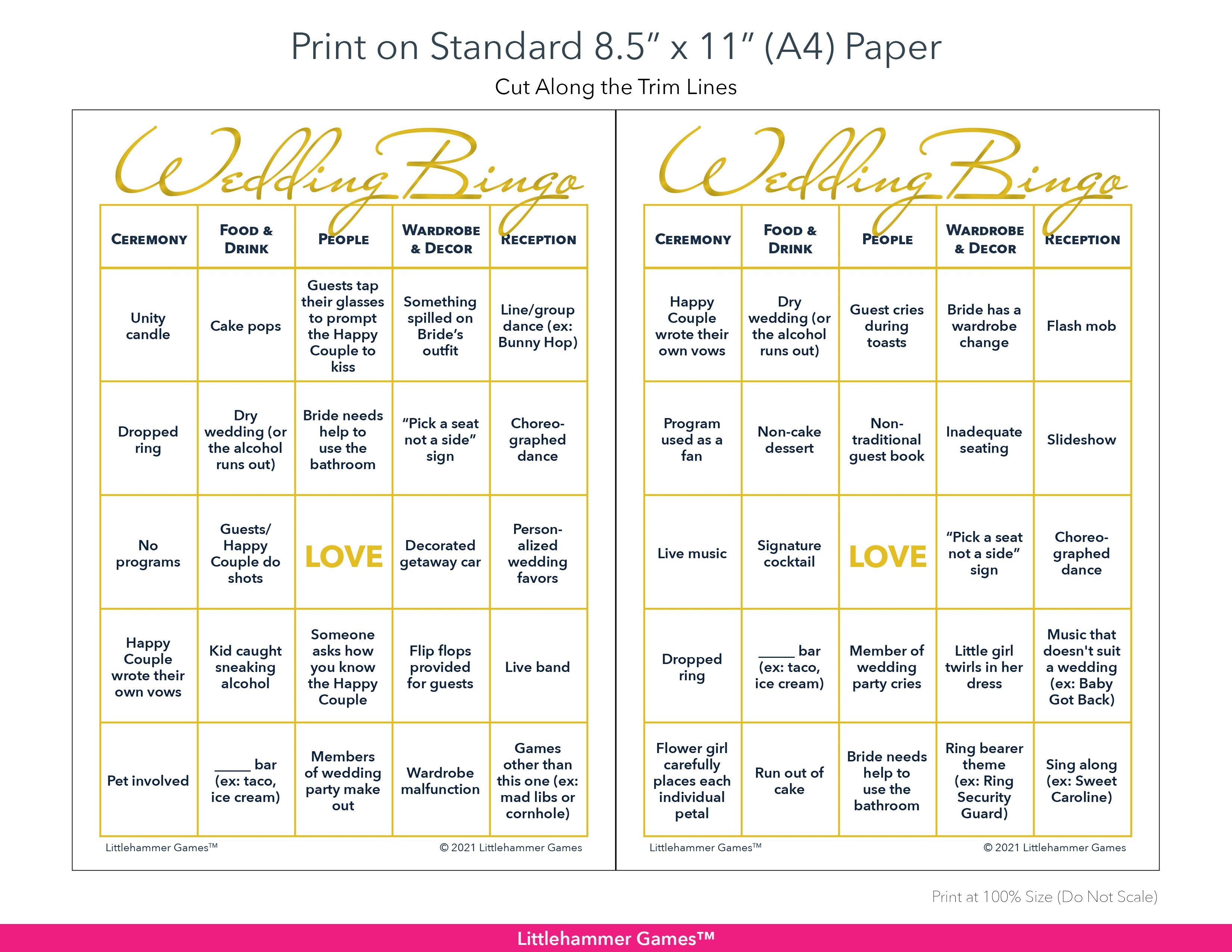 Printable gold and white 2 Brides Wedding Bingo game card layout showing US Letter size dimensions and printing information