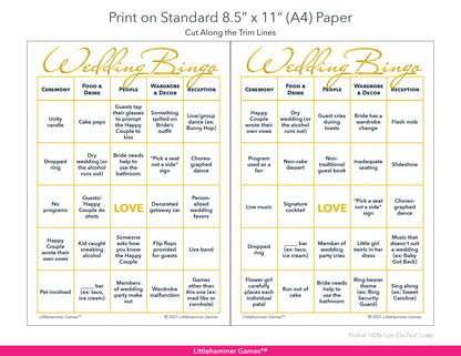 Printable gold and white 2 Brides Wedding Bingo game card layout showing US Letter size dimensions and printing information