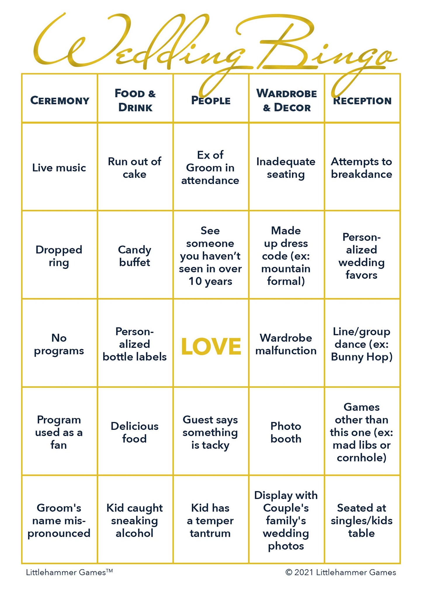 Wedding printable 2 Grooms Wedding Bingo card featuring gold and white design