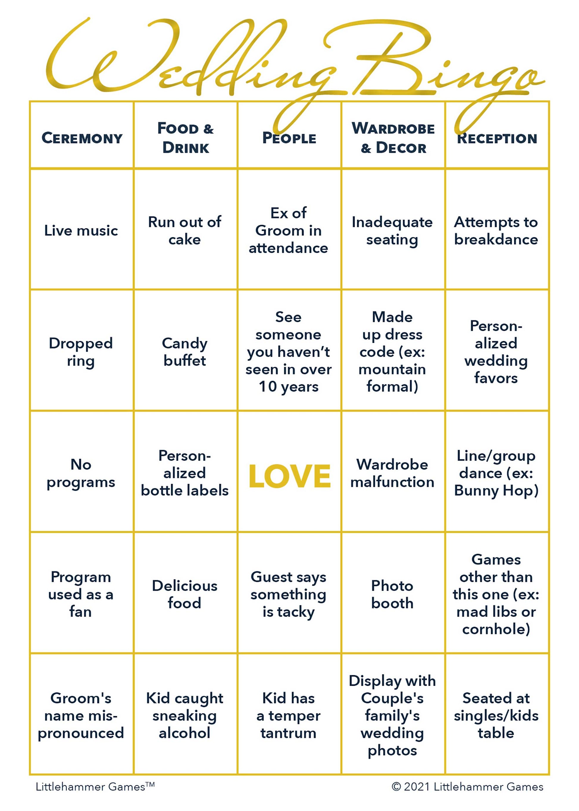 Wedding printable 2 Grooms Wedding Bingo card featuring gold and white design
