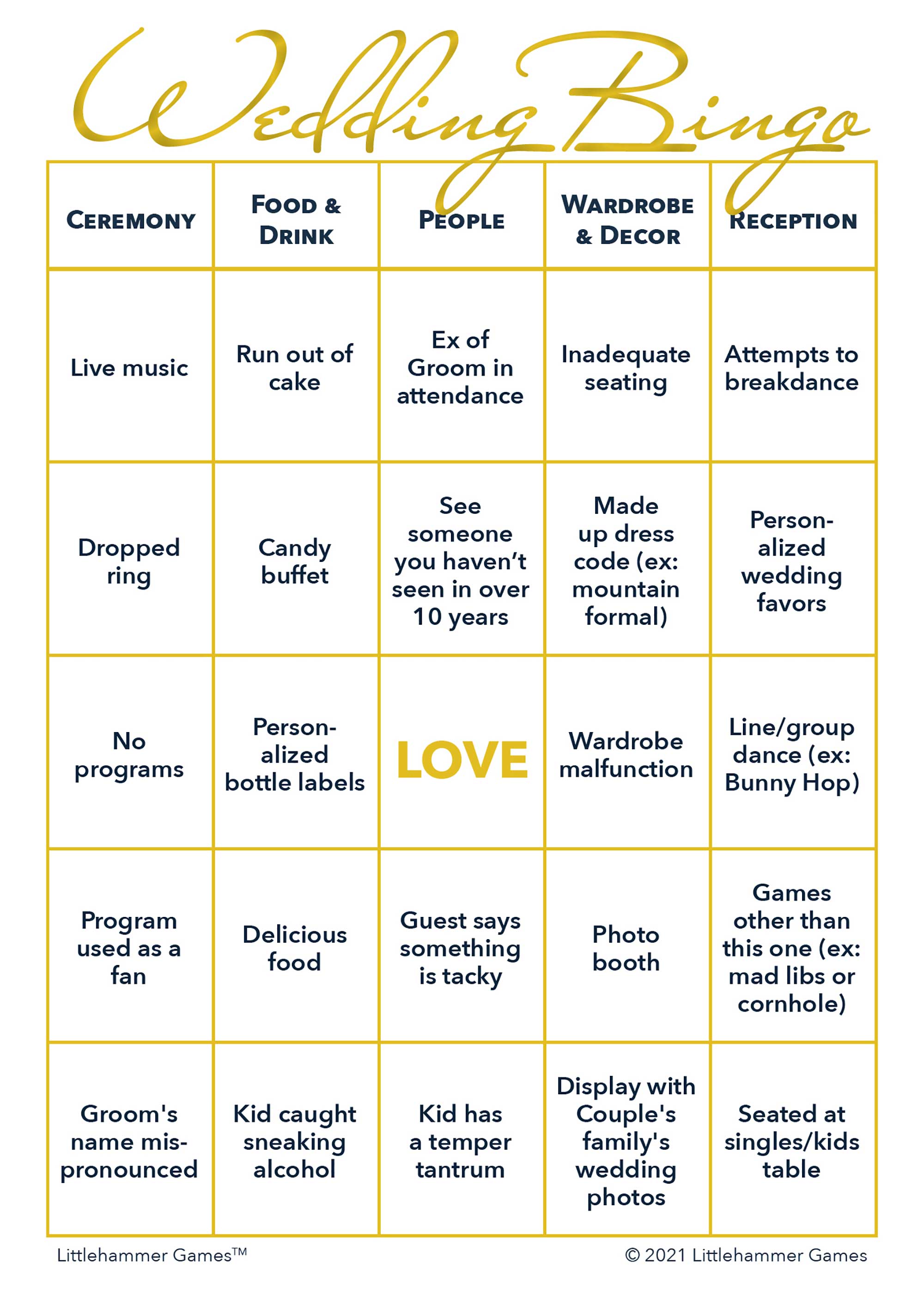 Wedding printable 2 Grooms Wedding Bingo card featuring gold and white design