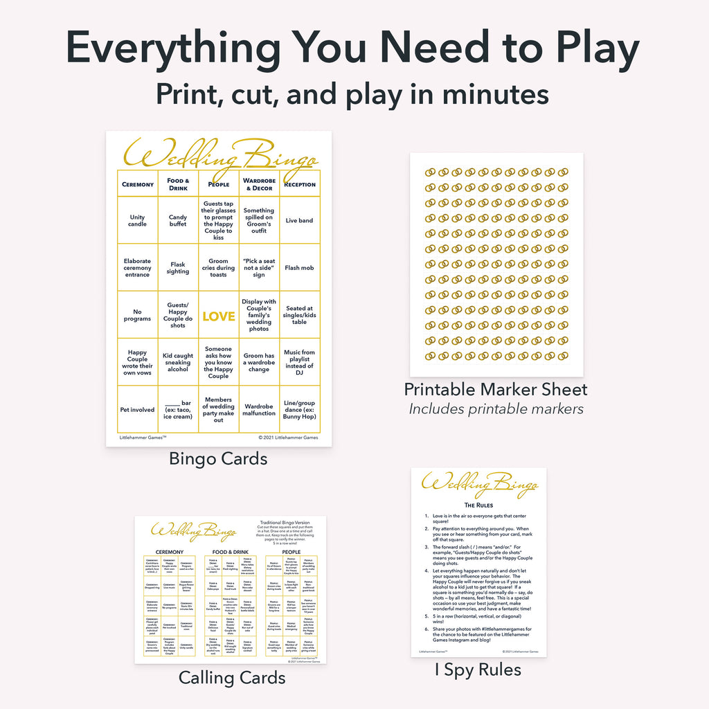 Printable wedding bingo grooms game set including game cards, calling cards, I Spy-style rules, and markers sheet