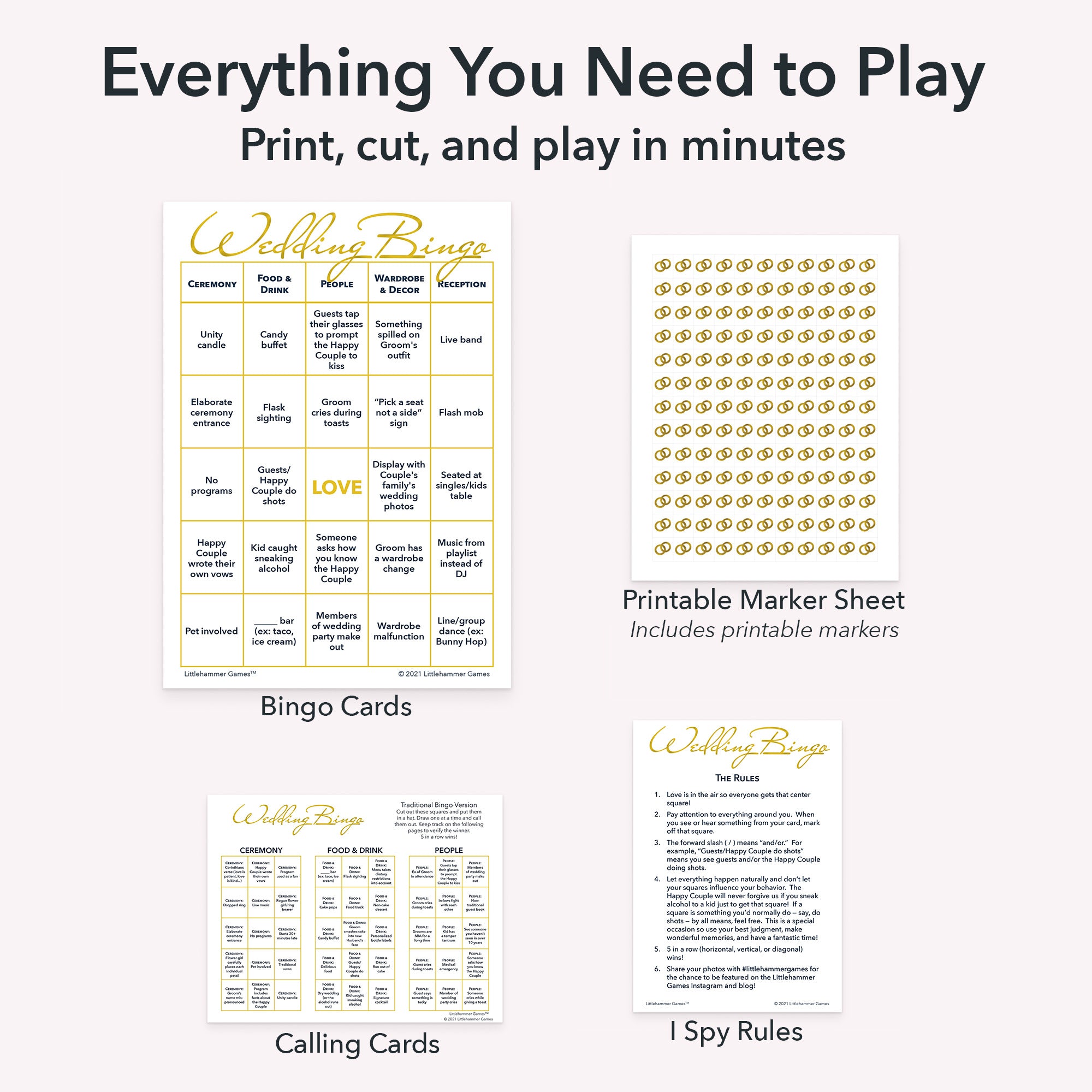 Printable wedding bingo grooms game set including game cards, calling cards, I Spy-style rules, and markers sheet