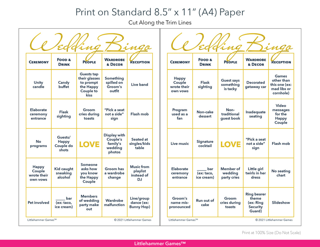 Printable gold and white 2 Grooms Wedding Bingo game card layout showing US Letter size dimensions and printing information