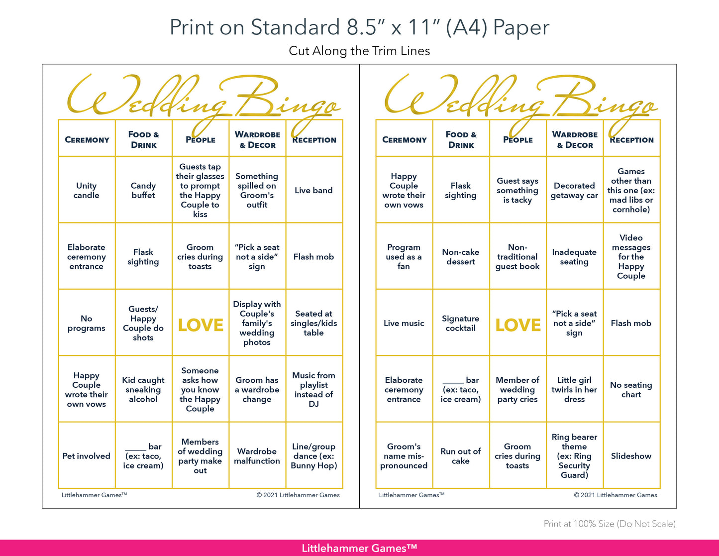 Printable gold and white 2 Grooms Wedding Bingo game card layout showing US Letter size dimensions and printing information