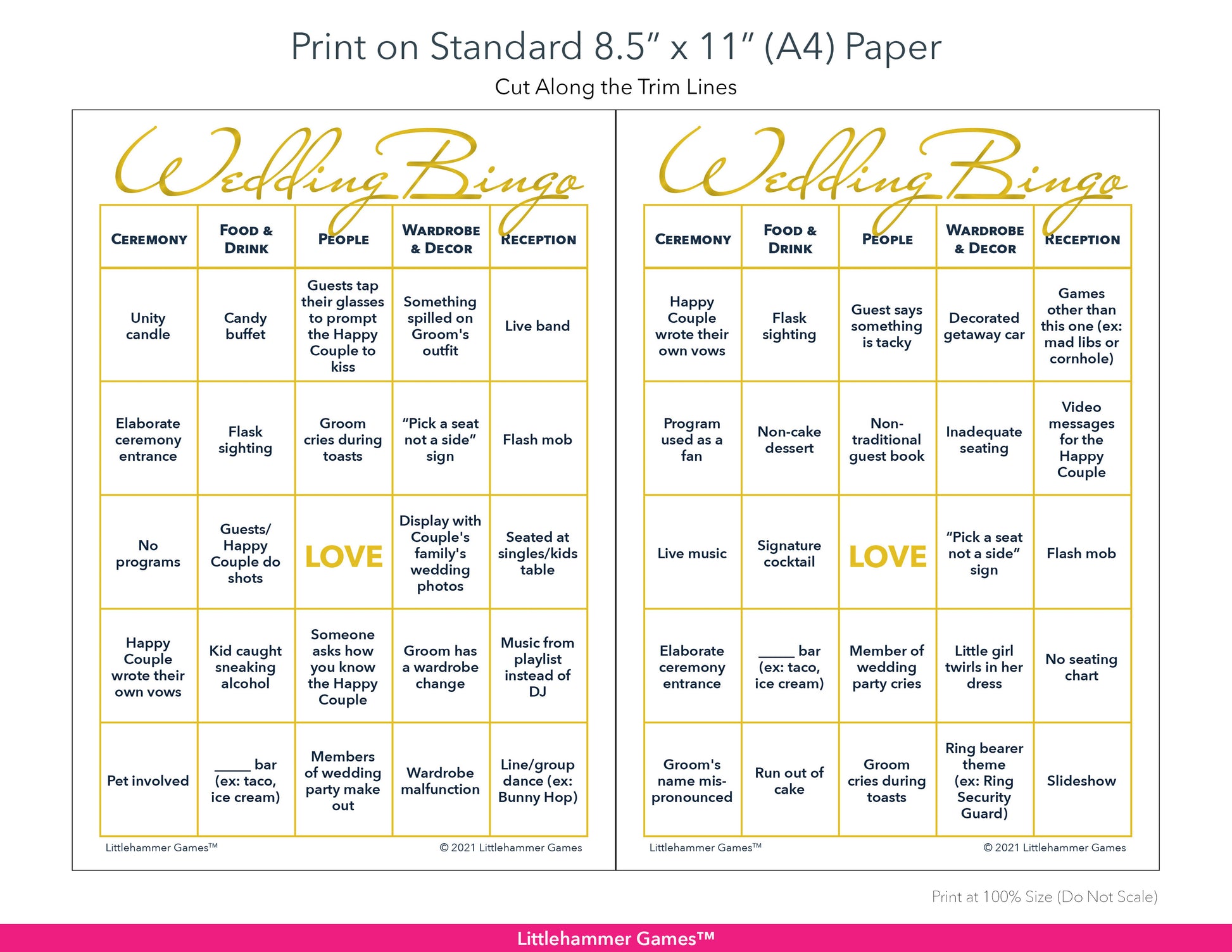 Printable gold and white 2 Grooms Wedding Bingo game card layout showing US Letter size dimensions and printing information