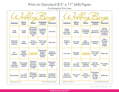 Printable gold and white 2 Grooms Wedding Bingo game card layout showing US Letter size dimensions and printing information