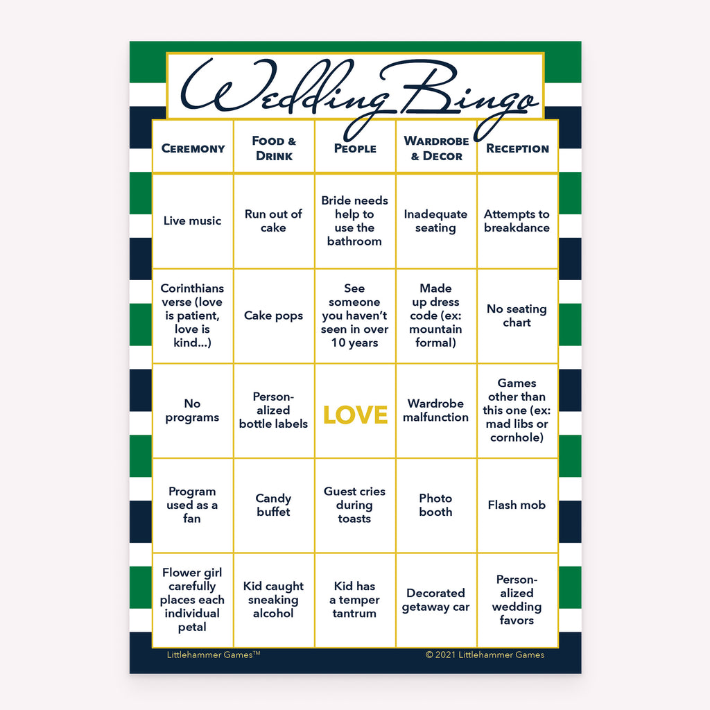 Green and navy-striped printable Bride and Groom Wedding Bingo reception game card