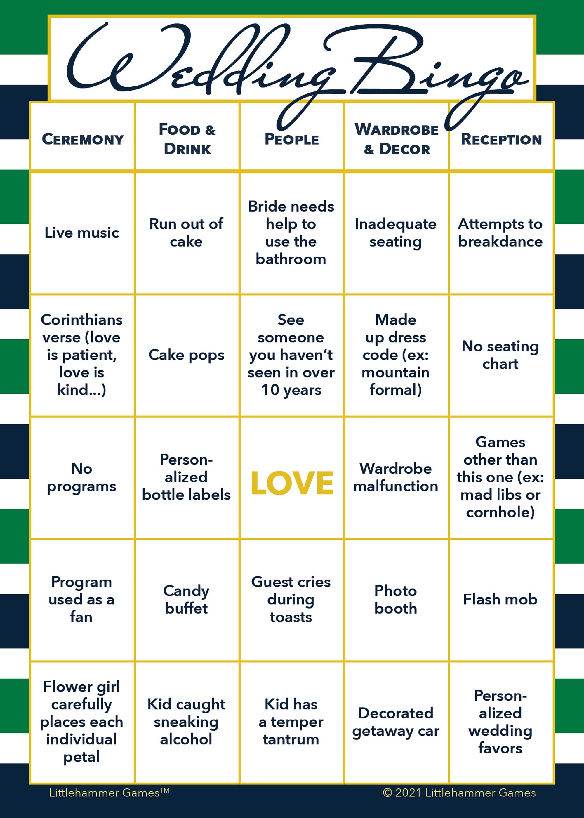 Green and navy-striped printable Bride and Groom Wedding Bingo reception game card