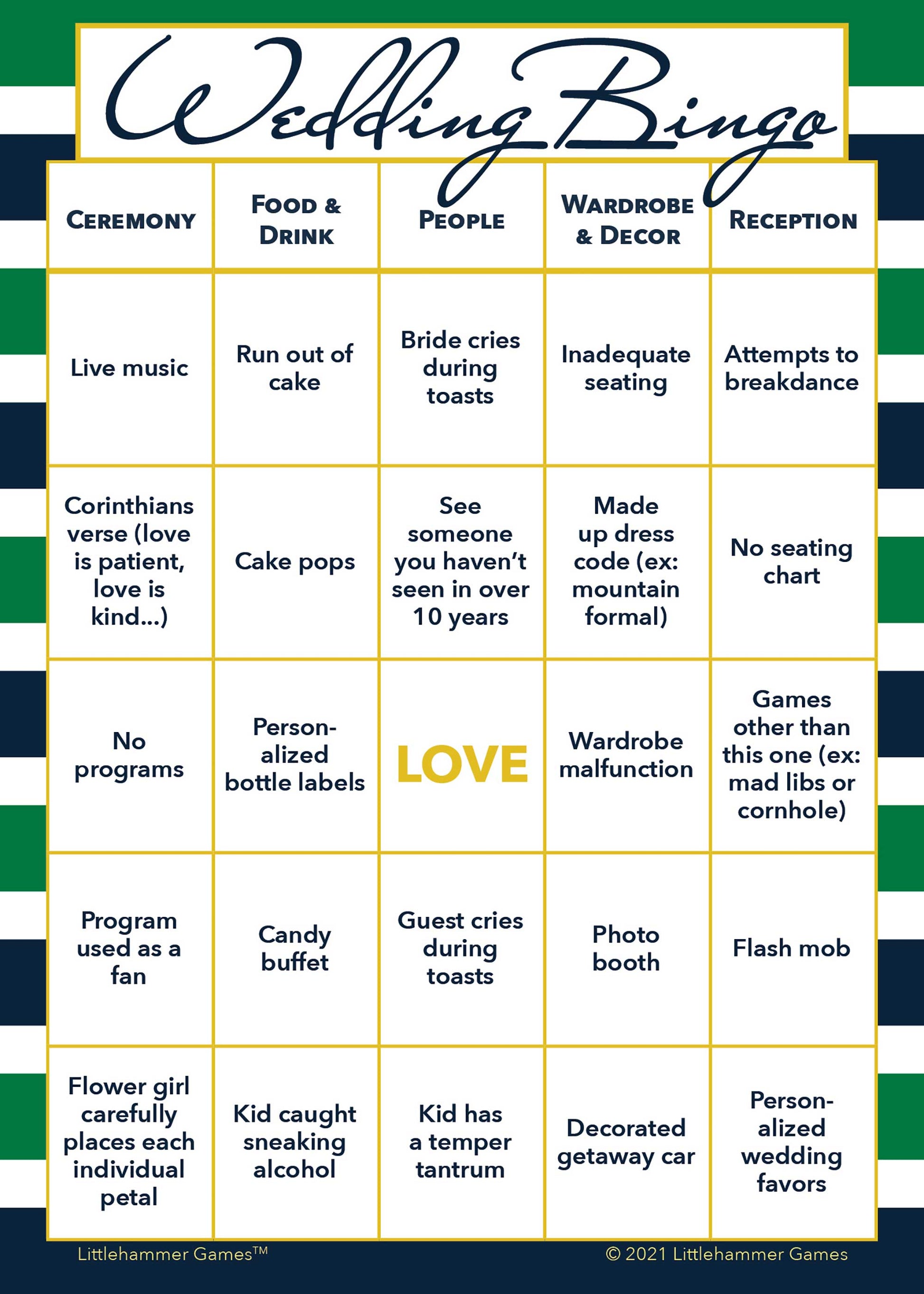 Printable 2 Brides Wedding Bingo wedding game card in green and navy-striped design