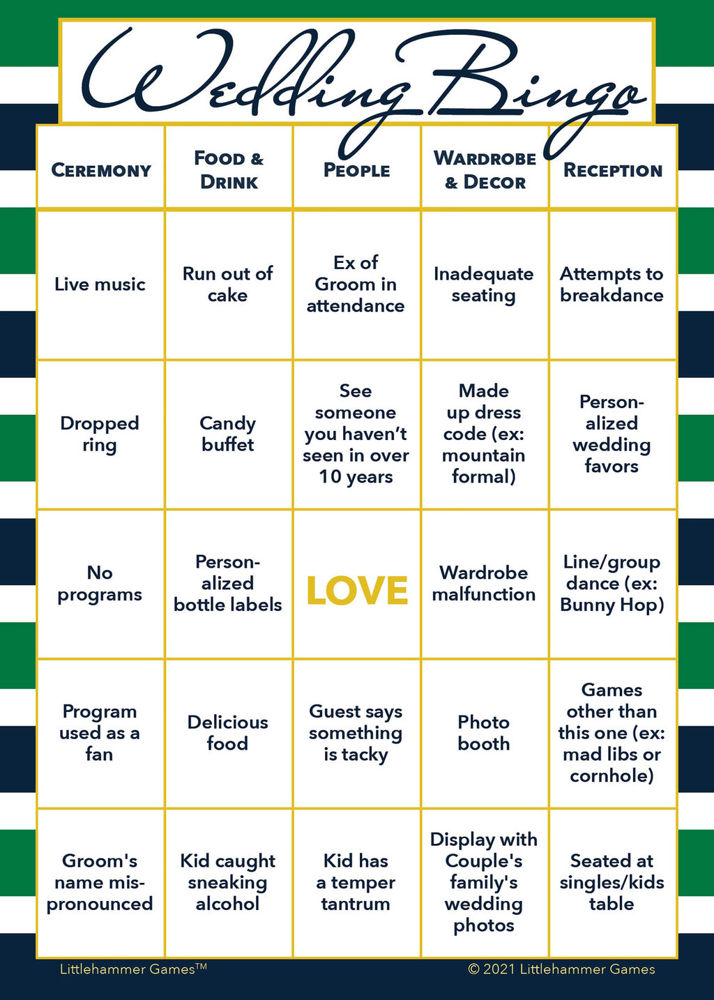 2 Grooms Wedding Bingo wedding printable game card featuring green and navy striped style