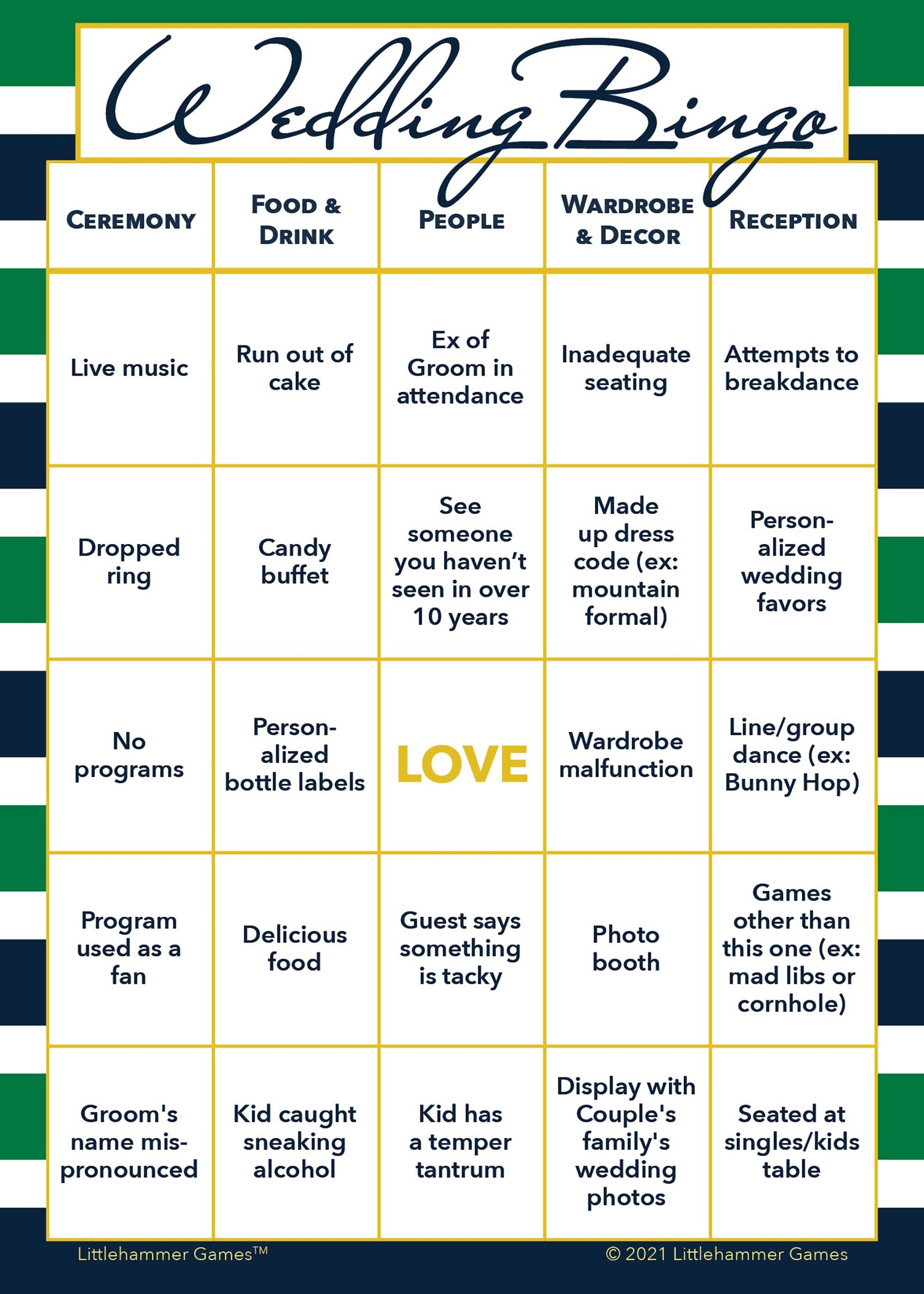 2 Grooms Wedding Bingo wedding printable game card featuring green and navy striped style