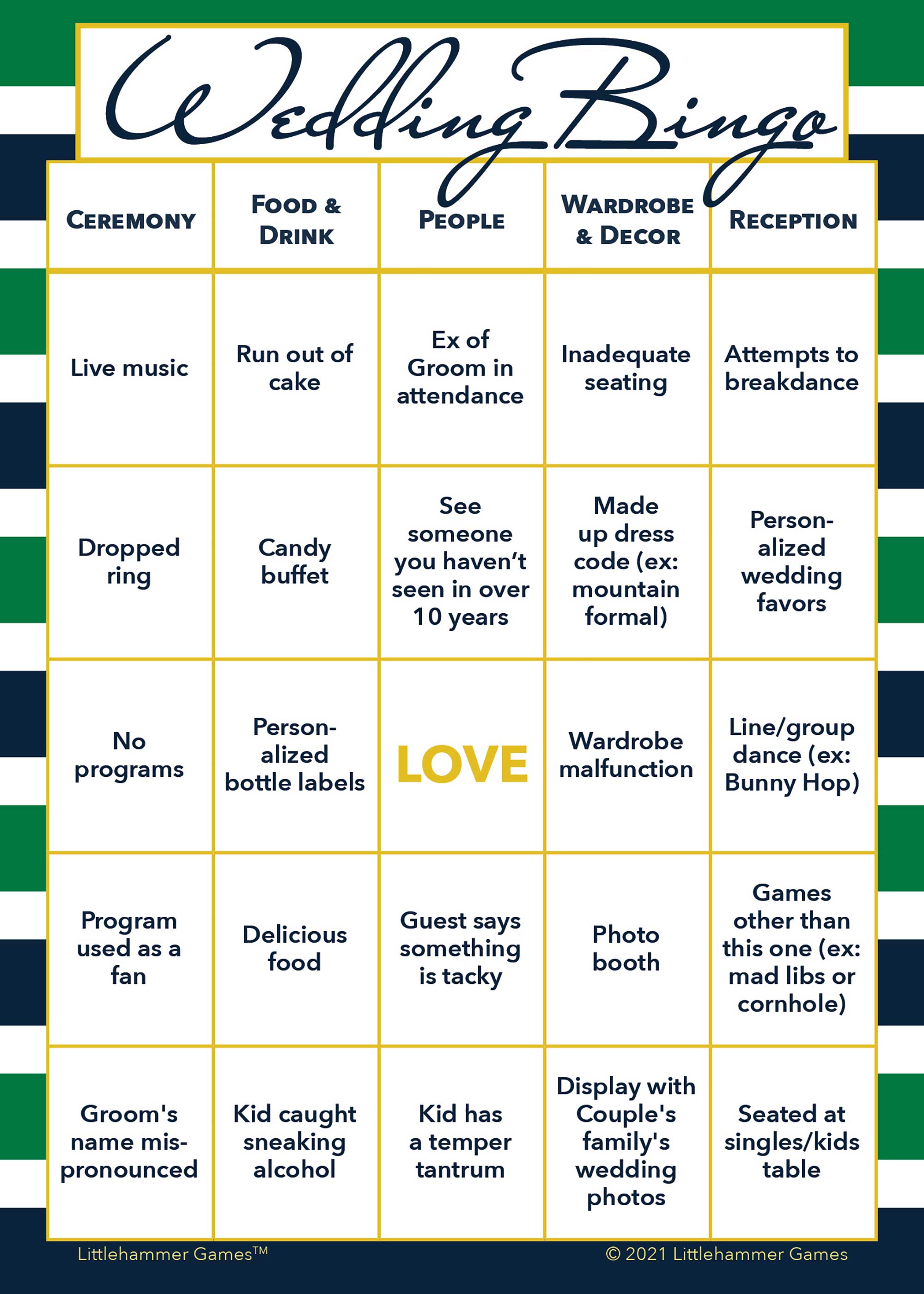 2 Grooms Wedding Bingo wedding printable game card featuring green and navy striped style